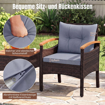 3-teiliges Rattan-Loungeset mit Kissen und Tisch