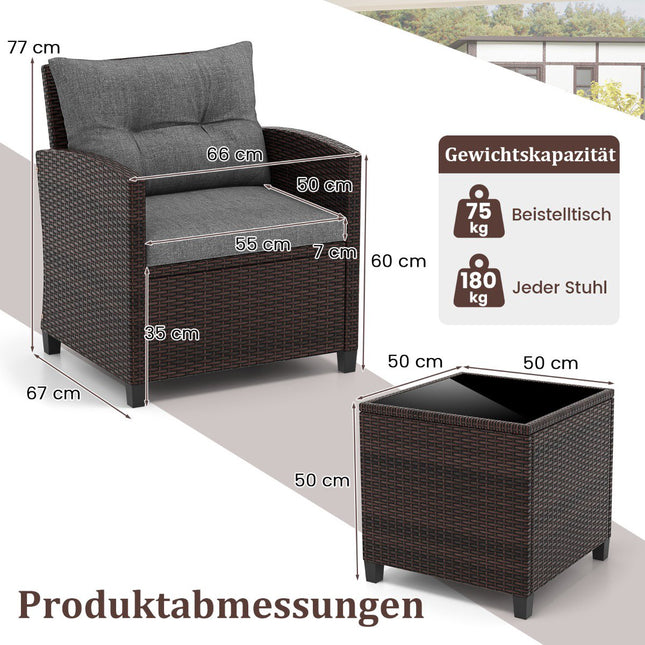 Ensemble de patio en rotin 3 pièces avec coussins et table