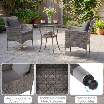 3-teiliges Rattan-Terrassenmöbel-Set mit Glastisch und Stühlen
