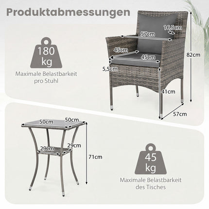 3-teiliges Rattan-Terrassenmöbel-Set mit Glastisch und Stühlen