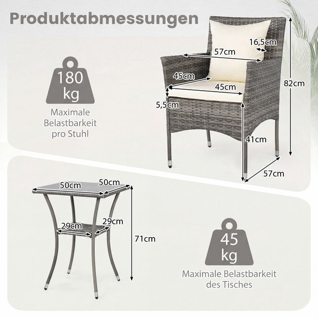 Ensemble de patio en rotin 3 pièces avec table en verre et coussins