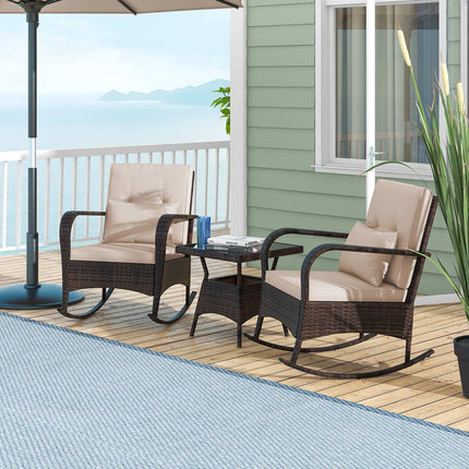 Ensemble de 3 fauteuils à bascule en rotin avec table en verre