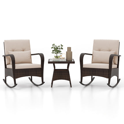Ensemble de 3 fauteuils à bascule en rotin avec table en verre