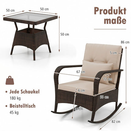 Ensemble de 3 fauteuils à bascule en rotin avec table en verre