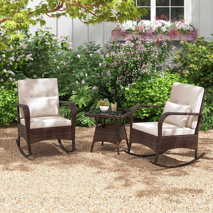 Ensemble de 3 fauteuils à bascule en rotin avec table en verre