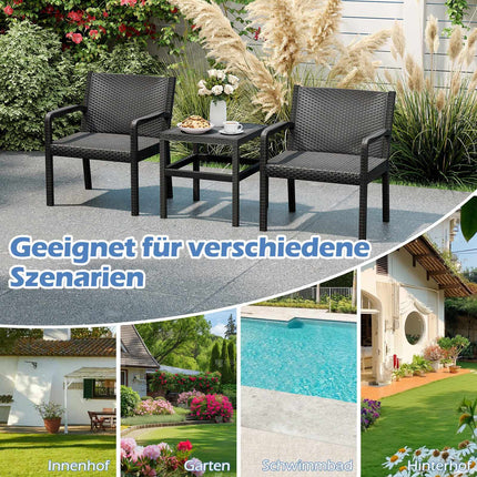 3-teiliges wetterfestes Rattan-Terrassen-Set mit Tisch, Schwarz
