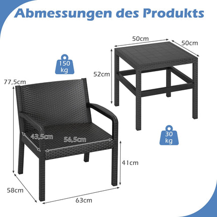 3-teiliges wetterfestes Rattan-Terrassen-Set mit Tisch, Schwarz
