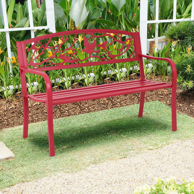 3-Sitzer Gartenbank aus rotem Gusseisen mit Rückenlehne