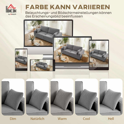 Canapé 3 places, velours côtelé gris clair, coussins à ressorts ensachés