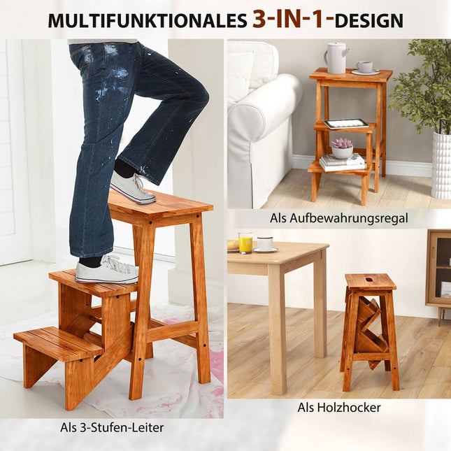 3-stufiger Hocker aus Gummibaumholz, rutschfest, Braun