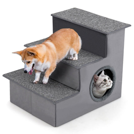 Escalier pour chien à 3 marches avec maison et sol antidérapant, échelle d'escalade pliable pour animaux de compagnie