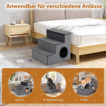 Escalier pour chien à 3 marches avec maison et sol antidérapant, échelle d'escalade pliable pour animaux de compagnie