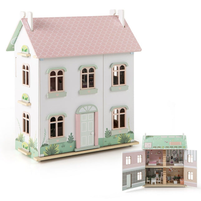 Maison de poupée en bois à 3 étages avec toits et portes réversibles