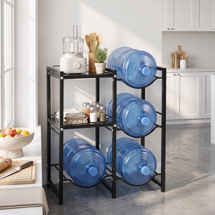 3-Tier 5 Gallon Water Jug Holder with 2 Storage Shelves, Black, 4 Bottle Slots