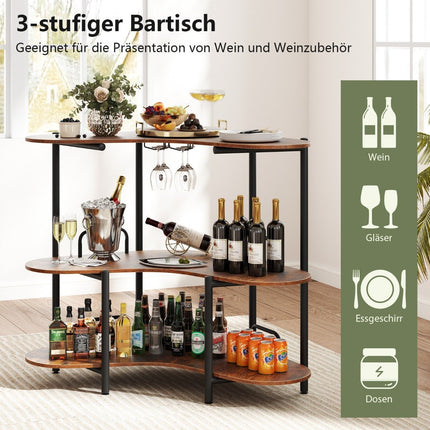 Table de bar à 3 niveaux avec porte-verres et cadre en métal, marron