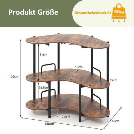 Table de bar à 3 niveaux avec porte-verres et cadre en métal, marron