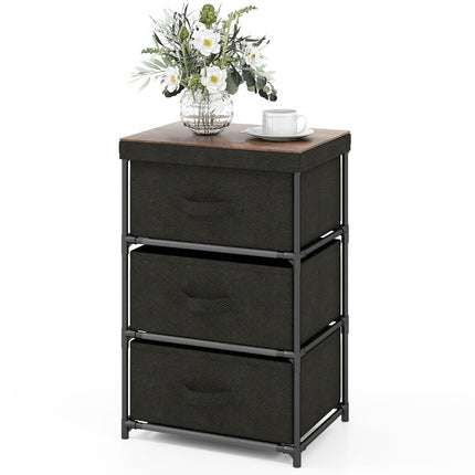 Table de chevet à trois tiroirs en tissu noir avec structure en métal
