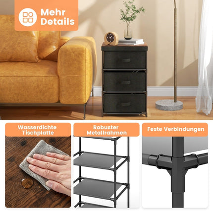 Table de chevet à trois tiroirs en tissu noir avec structure en métal