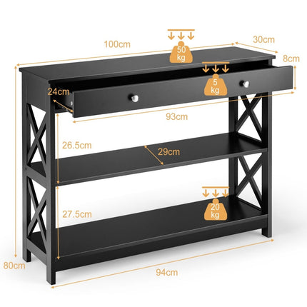 Console à 3 niveaux en bois noir avec tiroir, 100 x 30 x 80 cm