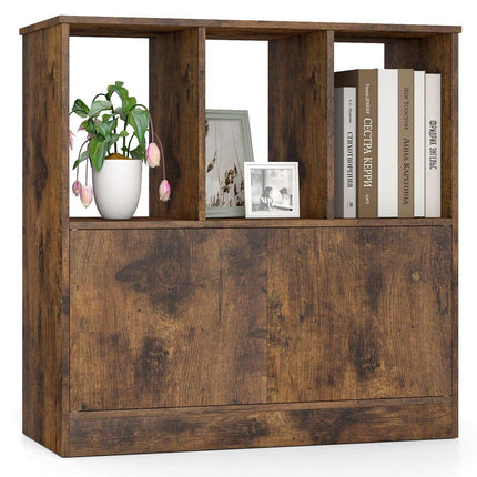 Bibliothèque à 3 niveaux avec portes, rangements ouverts et fermés, marron