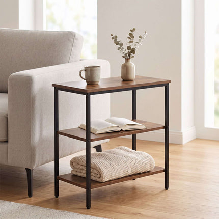 Table d'appoint marron à 3 niveaux avec étagères, MDF et métal