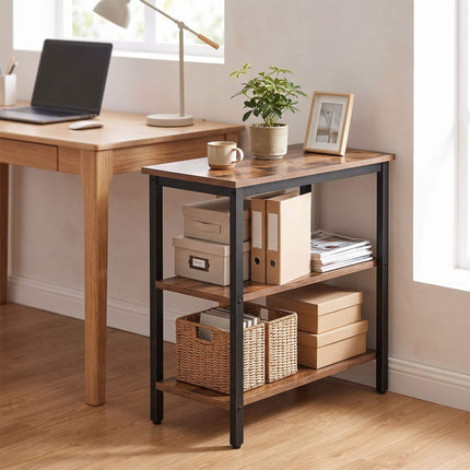 Table d'appoint marron à 3 niveaux avec étagères, MDF et métal