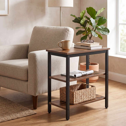 Table d'appoint marron à 3 niveaux avec étagères, MDF et métal