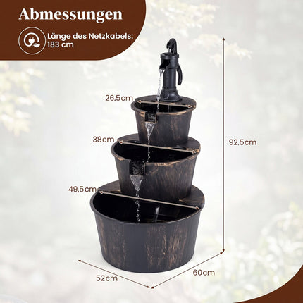 Fontaine de jardin à 3 niveaux, design en tonneau de bois, pompe réglable