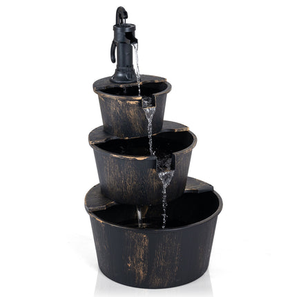Fontaine de jardin à 3 niveaux, design en tonneau de bois, pompe réglable