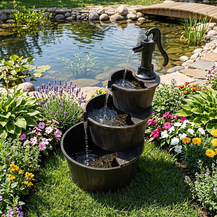 Fontaine de jardin à 3 niveaux, design en tonneau de bois, pompe réglable