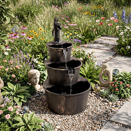 Fontaine de jardin à 3 niveaux, design en tonneau de bois, pompe réglable