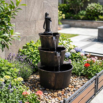 Fontaine de jardin à 3 niveaux, design en tonneau de bois, pompe réglable