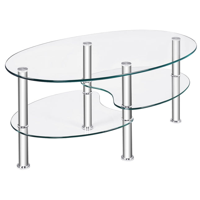 Table en verre à 3 niveaux avec étagère transparente au design ovale moderne à trois niveaux