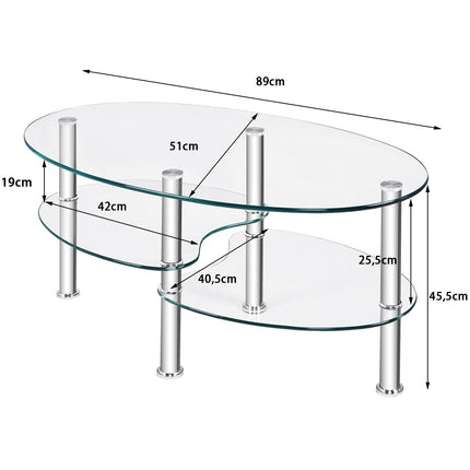 Table en verre à 3 niveaux avec étagère transparente au design ovale moderne à trois niveaux
