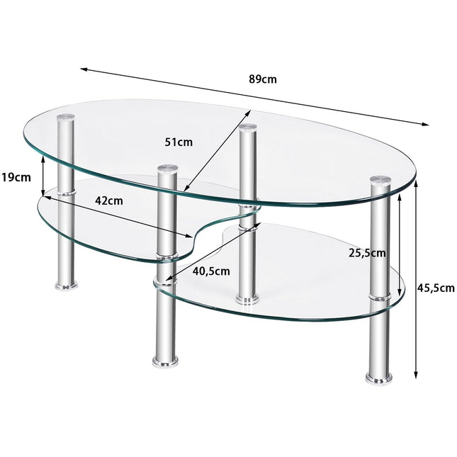 Table en verre à 3 niveaux avec étagère transparente au design ovale moderne à trois niveaux