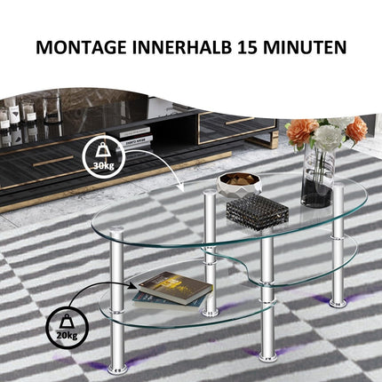 Table en verre à 3 niveaux avec étagère transparente au design ovale moderne à trois niveaux