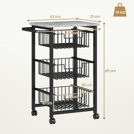 Chariot de cuisine à 3 niveaux sur roulettes avec paniers en acier