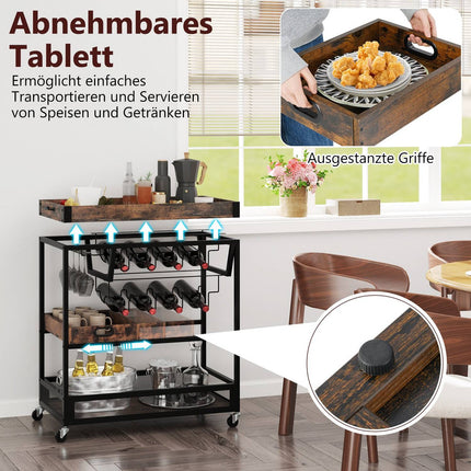Desserte de cuisine à 3 niveaux avec plateau, porte-verres et casier à vin