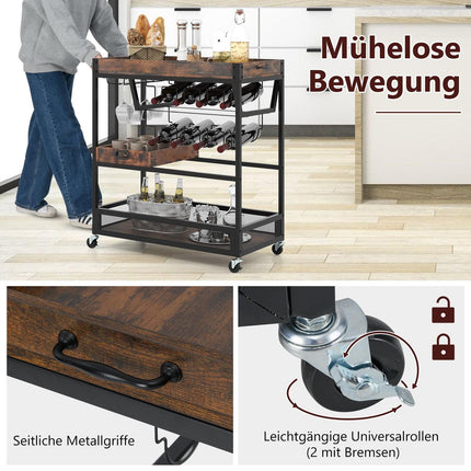 Desserte de cuisine à 3 niveaux avec plateau, porte-verres et casier à vin