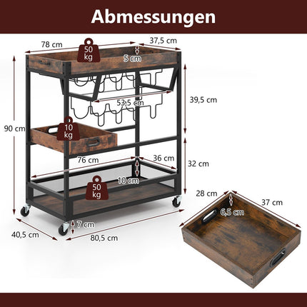 Desserte de cuisine à 3 niveaux avec plateau, porte-verres et casier à vin