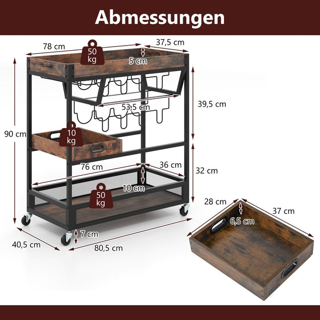 3-stöckiger Servierwagen mit Ablage, Glashalter und Weinregal