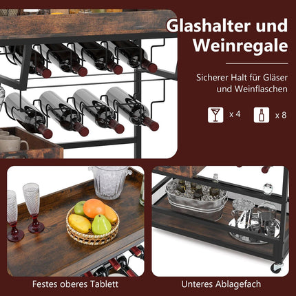 Desserte de cuisine à 3 niveaux avec plateau, porte-verres et casier à vin