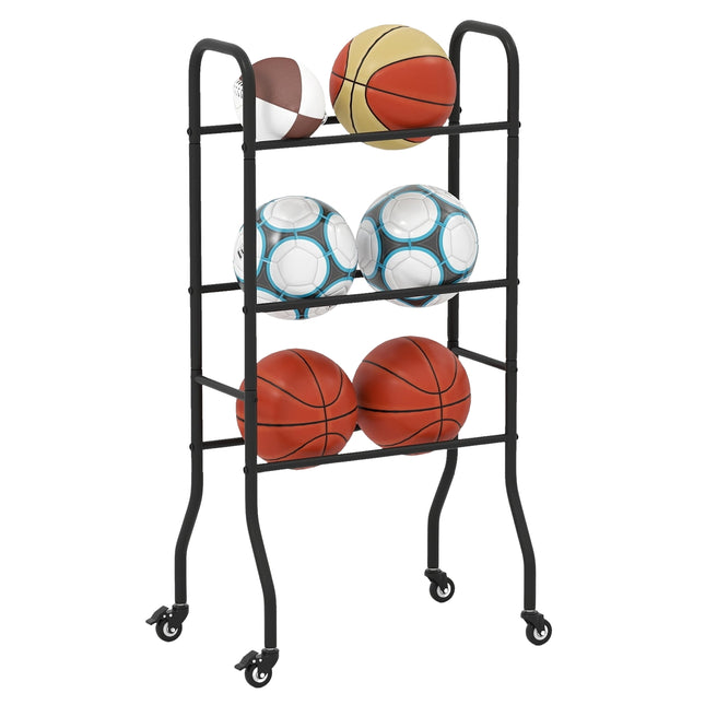 3-stöckiges Basketballregal aus Metall mit Rollen – fasst 6 Bälle