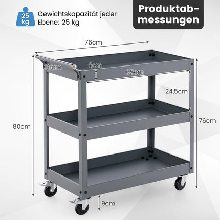 Chariot roulant métallique à 3 niveaux avec poignée ergonomique, gris