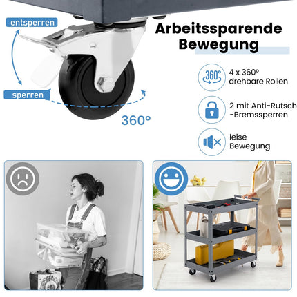 Chariot roulant métallique à 3 niveaux avec poignée ergonomique, gris