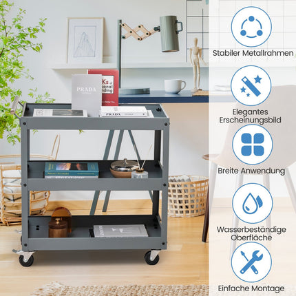 Chariot roulant métallique à 3 niveaux avec poignée ergonomique, gris