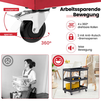 3-stöckiger Metall-Servierwagen mit Griff – Rot