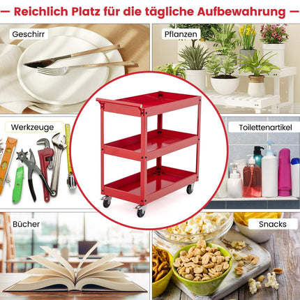 3-stöckiger Metall-Servierwagen mit Griff – Rot
