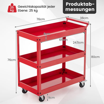 3-stöckiger Metall-Servierwagen mit Griff – Rot