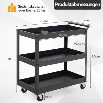 3-stöckiger Metall-Servierwagen mit Rollen und Griff